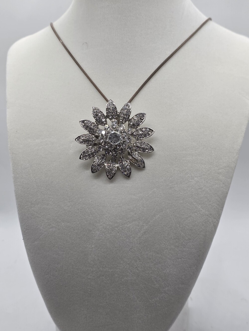 Crystal Rhinestone Layered Flower Pendant Bolo Style Adjustable Snake Chain 18"